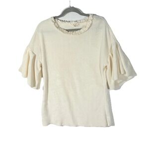 POL Women's Ruffle Bell Sleeve Top Cream Medium Short Sleeve Coquette Soft Girl